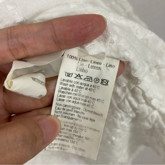 120% Lino White Y Neck Linen Side Slit Embroidered Dot Blouse size US 10 - Picture 7 of 12